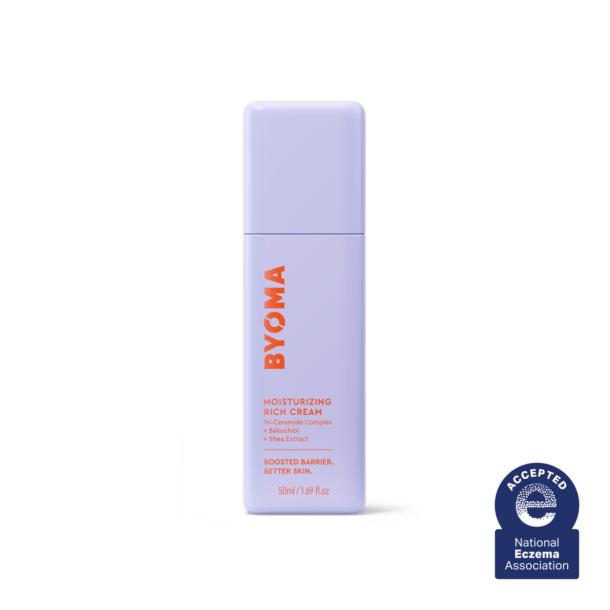 Un flacon de crème riche hydratante BYOMA avec le sceau d'approbation de la National Eczema Association.