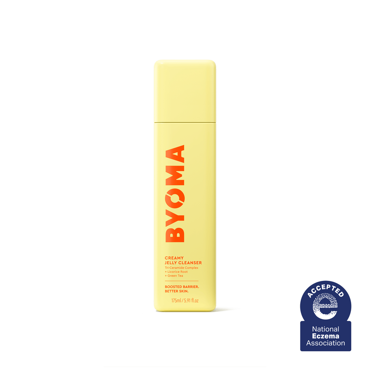 Bouteille de nettoyant à la gelée crémeuse BYOMA avec le sceau de la National Eczema Association.