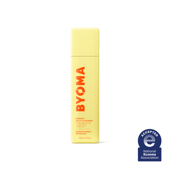 Bouteille de nettoyant à la gelée crémeuse BYOMA avec le sceau de la National Eczema Association.