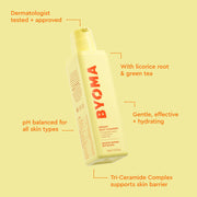 Un flacon jaune BYOMA Creamy Jelly Cleanser mettant en évidence les principaux avantages du produit.