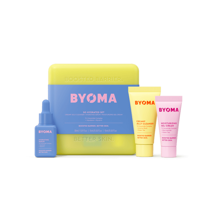 Coffret BYOMA So Hydrated, comprenant une boîte d'emballage jaune pastel et bleu ainsi que trois produits de soin de la peau. 