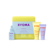 Coffret BYOMA So Bright comprenant un étui jaune, accompagné d'un sérum éclaircissant, d'un nettoyant à la gelée crémeuse et d'une crème riche hydratante.