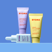 Trio de soins BYOMA comprenant un sérum éclaircissant, un nettoyant à la gelée crémeuse et une crème riche hydratante.