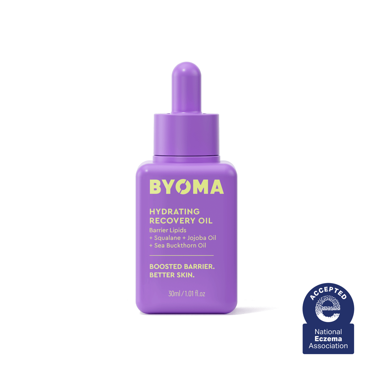 Une bouteille d'huile de récupération hydratante BYOMA en violet avec le sceau de la National Eczema Association.