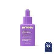 Une bouteille d'huile de récupération hydratante BYOMA en violet avec le sceau de la National Eczema Association.