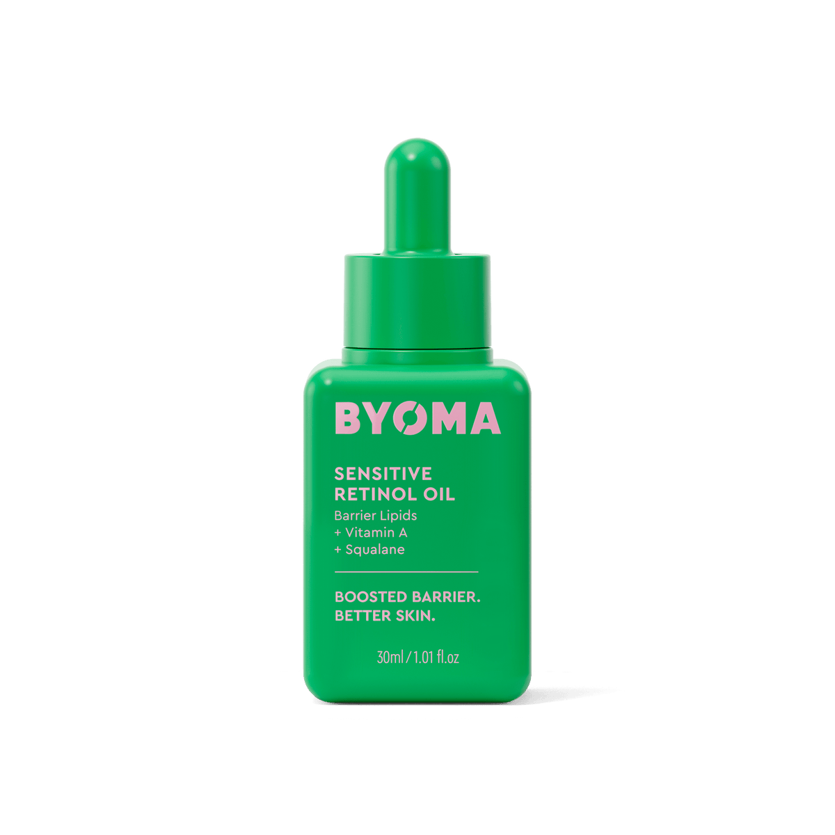 Huile de rétinol sensible BYOMA dans une bouteille verte.