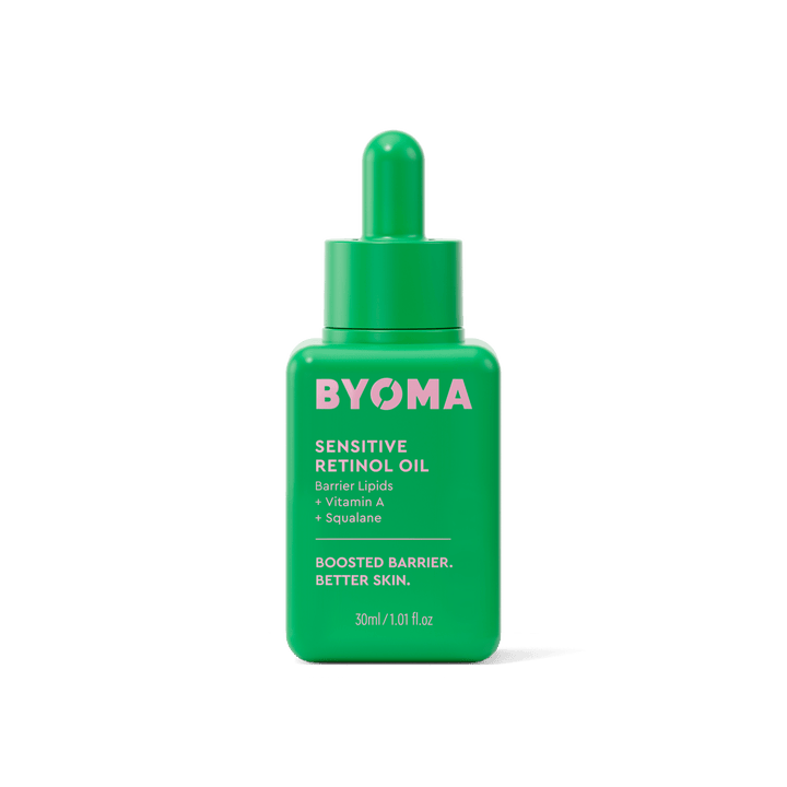 Huile de rétinol sensible BYOMA dans une bouteille verte.