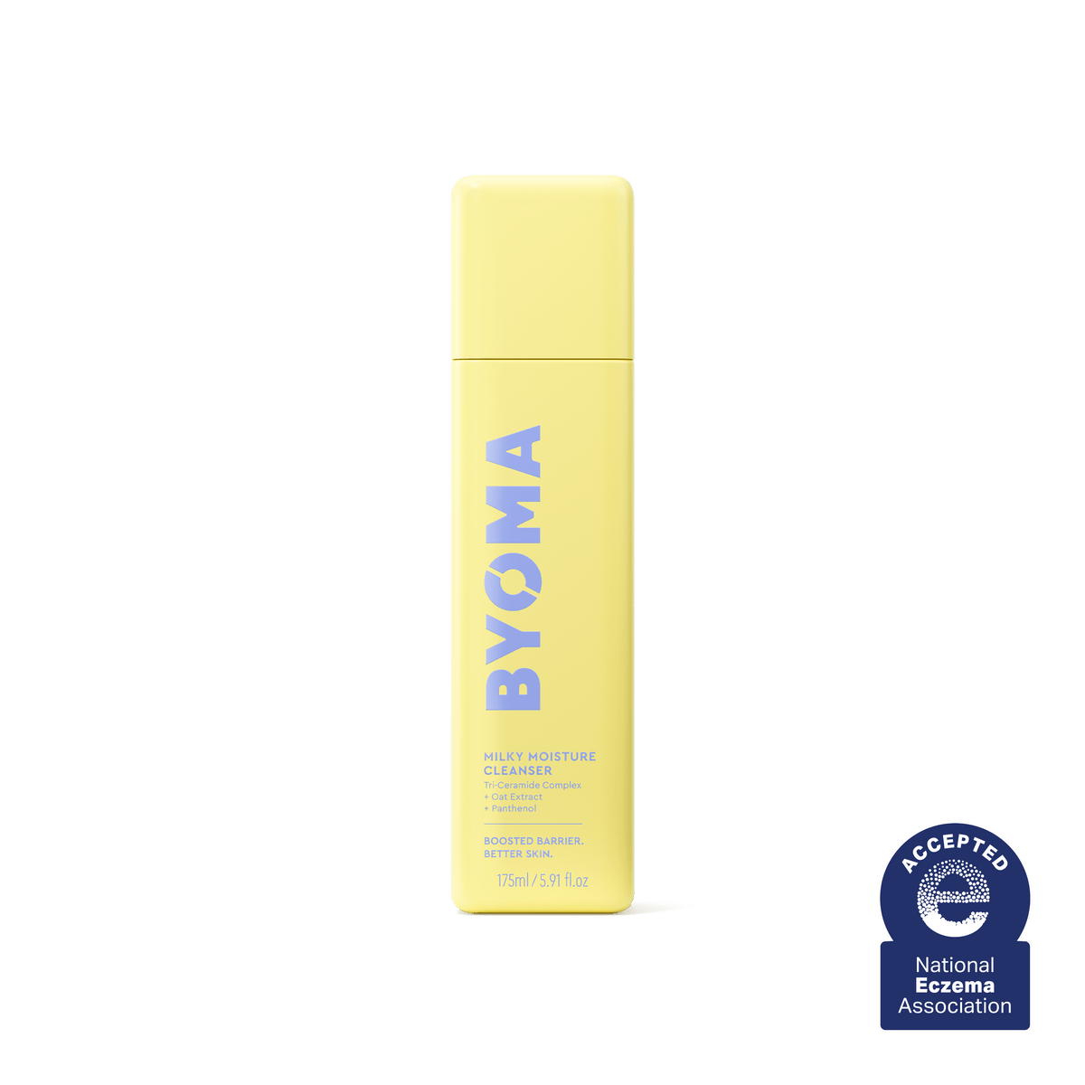 Une bouteille jaune de Byoma Milky Moisture Cleanser avec le sceau de la National Eczema Association. 