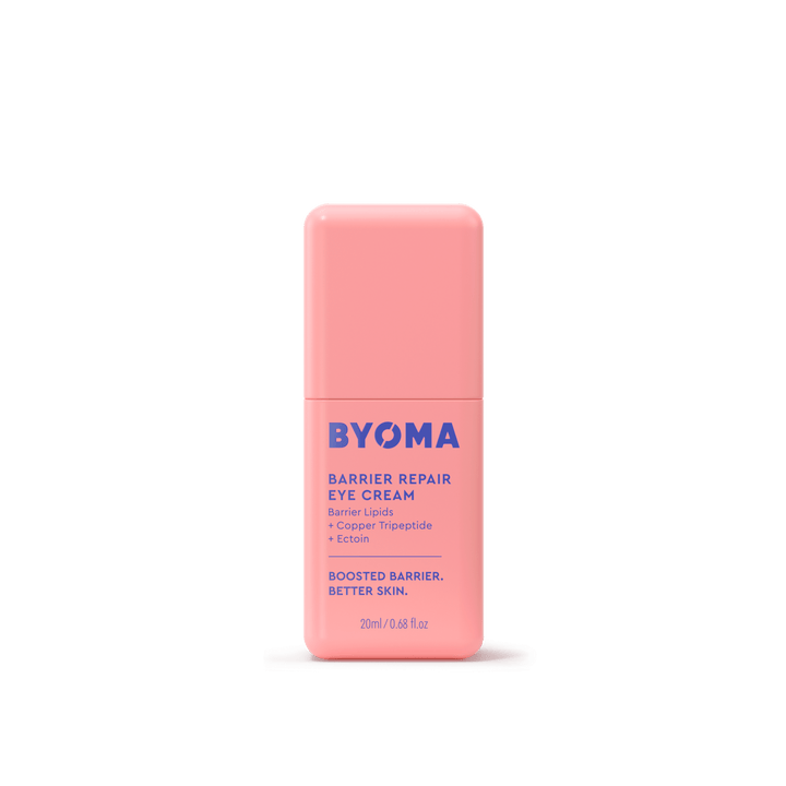 Crème pour les yeux BYOMA Barrier Repair avec lipides barrières, tripeptide de cuivre et ectoïne dans un flacon rose.