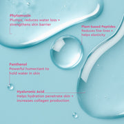 Sérum hydratant contenant de la phytomucine, des peptides, du panthénol et de l'acide hyaluronique pour l'hydratation et l'élasticité.