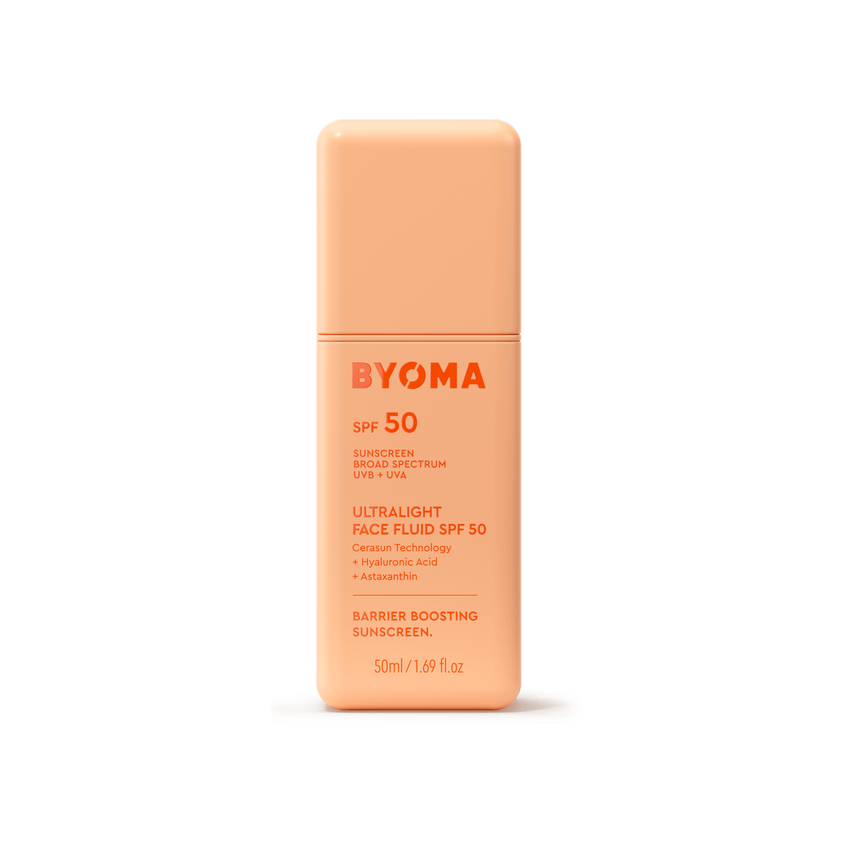 Une bouteille orange de crème solaire BYOMA Ultralight Face Fluid SPF 50.