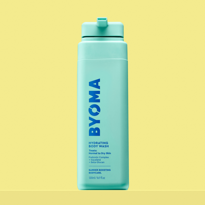 Gel douche hydratant BYOMA dans une bouteille vert menthe.