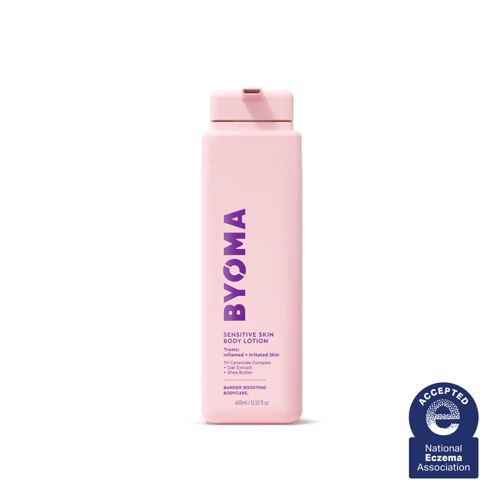 LOTION CORPORELLE PEAU SENSIBLE BYOMA sur fond blanc.