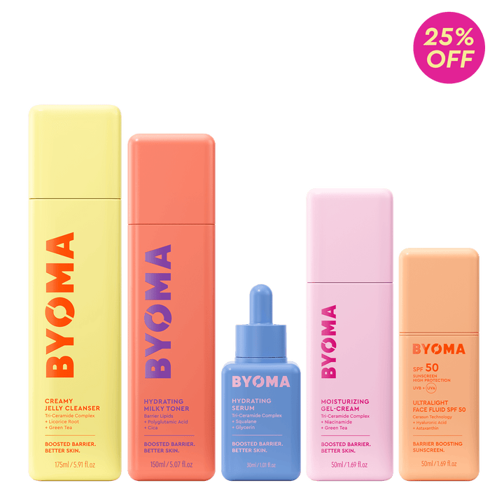 Collection de produits de soin BYOMA avec emballage coloré sur fond vert