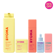 Collection de produits de soin BYOMA avec texte promotionnel sur fond vert