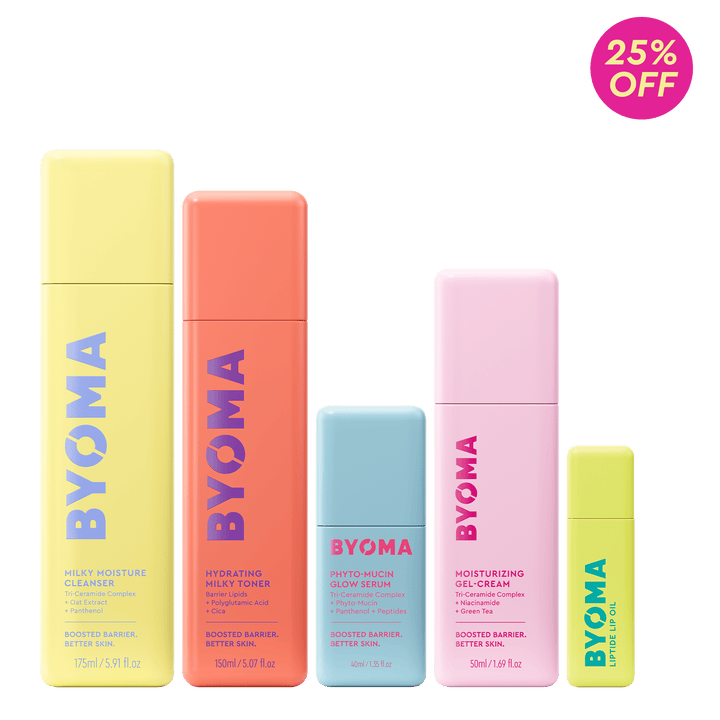 Ensemble de produits de soin BYOMA avec emballage coloré sur fond vert