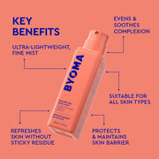 BYOMA flacon brume équilibrante pour le visage avec des avantages clés sur fond rose