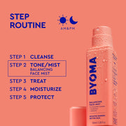 BYOMA brume visage équilibrante avec routine step sur fond pêche