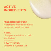 Étiquette BYOMA Smoothing Body Polish répertoriant les ingrédients actifs, sur fond jaune.