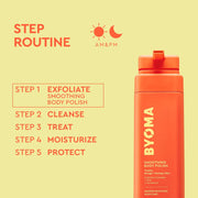 Flacon de vernis corporel lissant BYOMA avec routine étape sur fond jaune