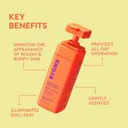 Bouteille orange du produit BYOMA avec les principaux avantages répertoriés sur fond jaune