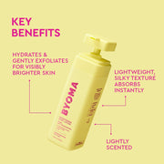 Flacon de lotion pour le corps BYOMA aux bienfaits clés sur fond jaune