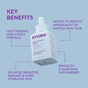 Flacon de sérum éclaircissant BYOMA aux bienfaits clés sur fond violet clair