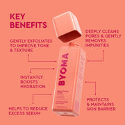 Produit de soin BYoma avec des avantages clés répertoriés sur fond rose