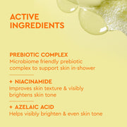 Étiquette BYOMA Brightening Body Wash répertoriant les ingrédients actifs, sur fond jaune.