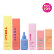 Collection de produits BYOMA Summer Essentials sur fond vert avec un badge de réduction de 25%.