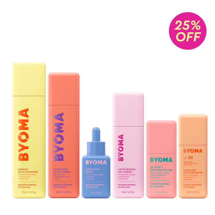 Collection de produits BYOMA Summer Essentials sur fond vert avec un badge de réduction de 25%.