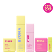 Produits de soin BYOMA avec un badge de réduction de 25 % sur fond vert