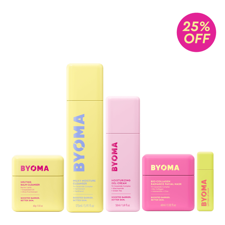 Produits de soin BYOMA avec un badge de réduction de 25 % sur fond vert
