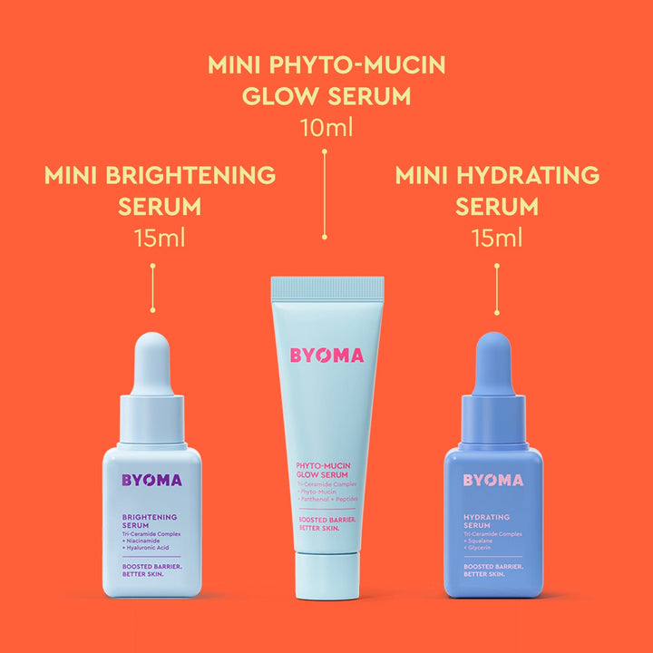 Produits de soin BYOMA Cosmic Glow Trio sur fond orange.