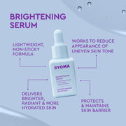 Un flacon compte-gouttes étiqueté BYOMA Brightening Serum est centré sur un fond violet frais avec des gouttelettes d'eau.