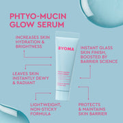 Tube bleu clair de BYOMA Phyto-Mucin Glow Serum centré sur un fond pâle, entouré d'un texte bénéfique.
