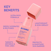 Flacon de crème contour des yeux BYOMA aux bienfaits clés sur fond rose