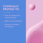 Publicité de produit avec le texte « Clinically Proven To » sur fond bleu et rose