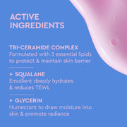 Étiquette du Sérum Hydratant BYOMA répertoriant les ingrédients actifs, sur fond bleu.
