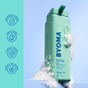 Flacon de lavage corporel hydratant BYOMA avec bulles sur fond bleu clair