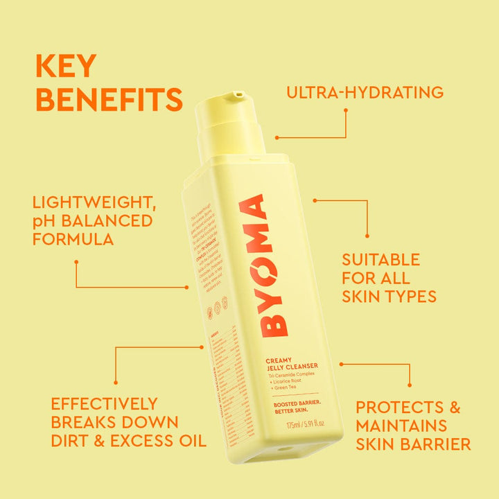 Flacon nettoyant BYOMA aux bienfaits clés sur fond jaune