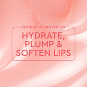 Texte sur fond rose prétendant hydrater, repulper et adoucir les lèvres cliniquement.