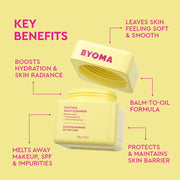 Conteneur jaune du baume nettoyant BYOMA avec texte soulignant les principaux avantages sur fond jaune