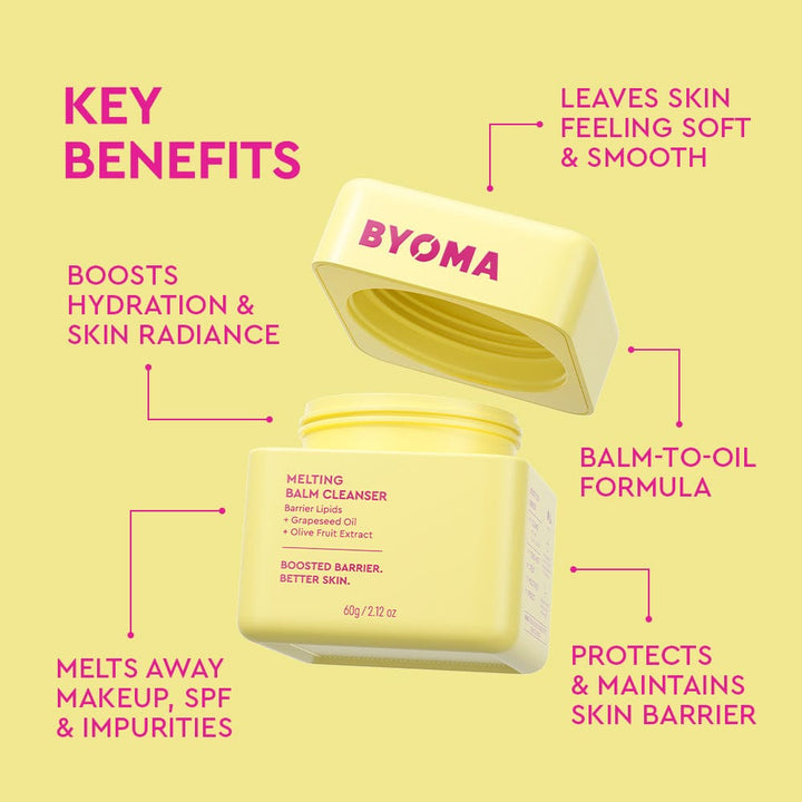 Conteneur jaune du baume nettoyant BYOMA avec texte soulignant les principaux avantages sur fond jaune
