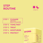 Produit de soin BYOMA avec routine étape sur fond jaune