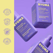 Emballage d'huile de récupération hydratante BYOMA sur fond violet et jaune