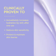 Emballage du produit avec un texte revendiquant des avantages cliniques sur fond violet clair