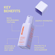 Produit de soin BYOMA dont les avantages clés sont répertoriés sur fond violet
