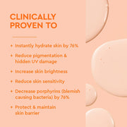 BYOMA Ultralight Face Fluid SPF50 avec texte soulignant ses bienfaits, sur fond pêche.