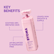 Flacon de lotion pour le corps Byoma aux avantages clés sur fond rose